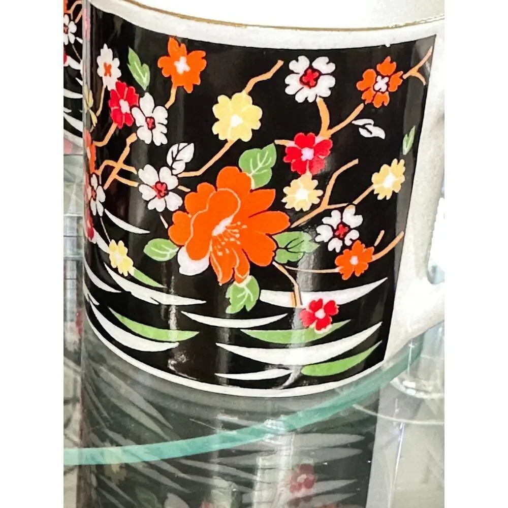 Set of 4 Bone China Mugs – Black Floral Japan-Inspired Pattern – Vintage
